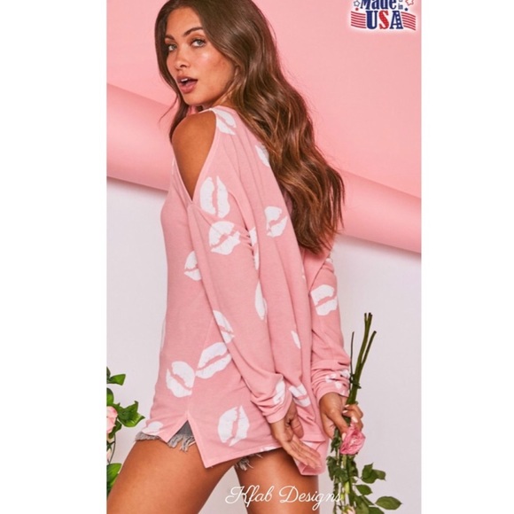 New! Sale!🔥 Barbie Pink w/ Lips Asymmetrical Cut Out Shoulder Cold Shoulder Top - Picture 9 of 9